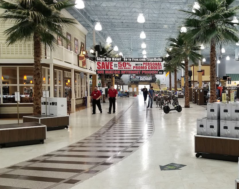 Palm trees and train tracks on floor